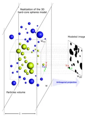 Fig. 2. Representation of the silhouette images modeling. A 3D model of hard-core spheres is chosen and orthogonal projections of its realizations are constructed to model the silhouette images of  two-phase flows.