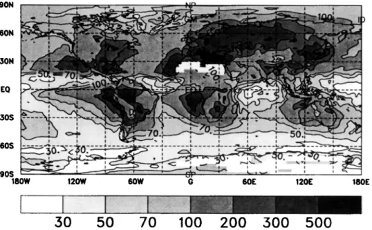 Figure  6. Cloud-water-weighted  vertical  and  annual  mean  in-cloud  droplet  number  concentration  (cm  -3) 