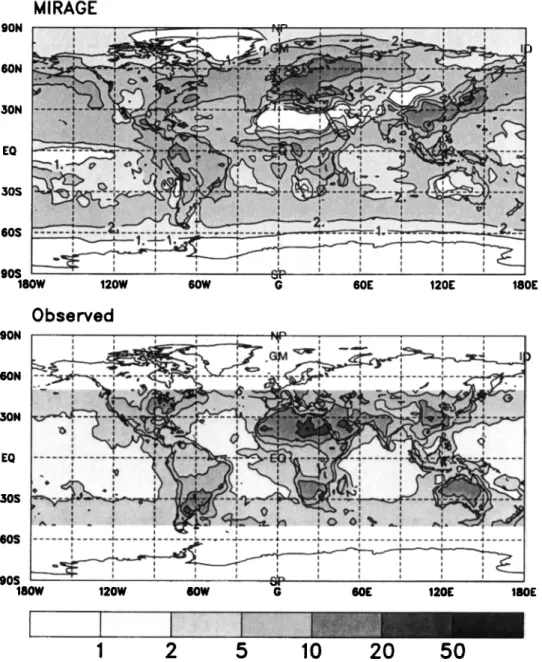 Figure  7.  Annual  mean  column  droplet  number  concentration  (10  6 cm  -•) simulated  by MIRAGE  and 