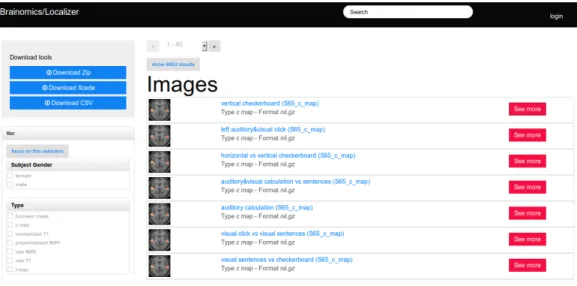 Figure 1: Screenshot of the Brainomics web interface, showing the downloading and fil- fil-tering facets (menus) on the left, and the summary representation of the images stored in the database.