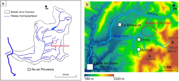 Figure 6.1. Localisation des bassins de Draix dans le bassin de la Durance (a) et contexte topographique  (b) (Sources : a
