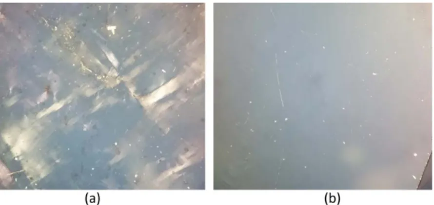 Figure 1. Crossed-polarizer optical microscopy images obtained for two ElementSix sc-CVD diamond plates: (a) electronic grade, (b) low-birefringence standard grade.