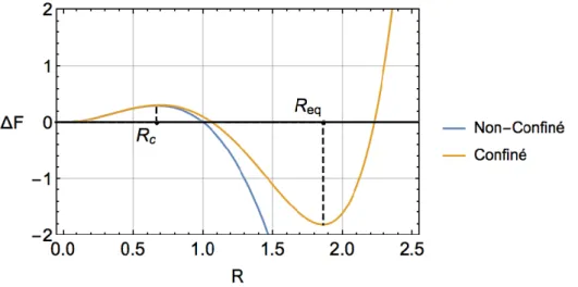 Fig. 2.14 – Représentation graphique de la variation d’énergie libre en fonction du rayon R, dans deux cas