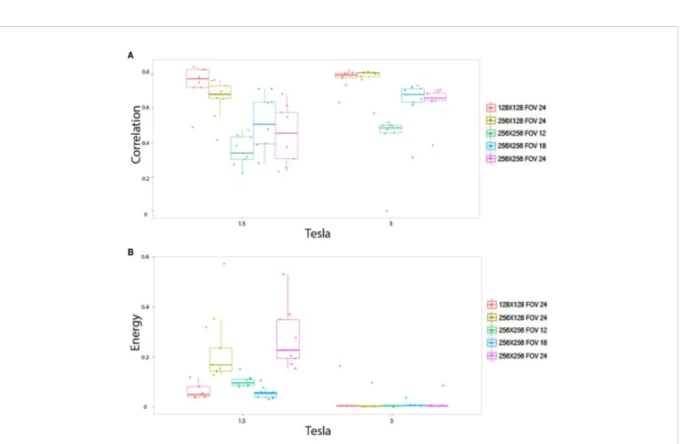 FIGURE 4 | In vitro parameters value according to magnetic ﬁeld strengh and pixel size: For correlation (A) and energy (B)