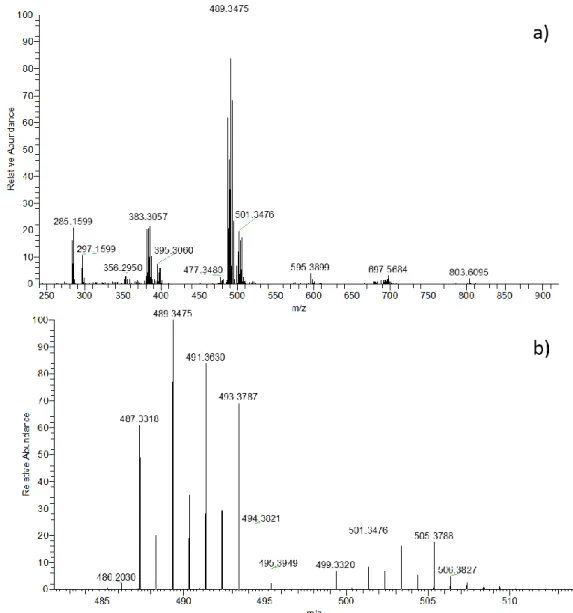 Figure 10. HRMS spectra of card-phenol BZ monomer. a) Full scan analysis – b) Zoom on the  experimental product