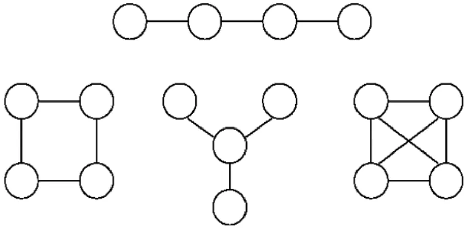 Fig. 2.1 –Réseaux en ligne, circulaire, en étoile et complet.