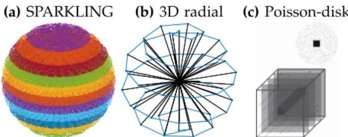 Fig. 4. 3D sampling trajectories used for the ex vivo experiments: the proposed 3D-variable-density stack-of-SPARKLING (a), the 3D radial trajectories (b) [5] and the Poisson-disk approach (c) proposed in [1], [6].