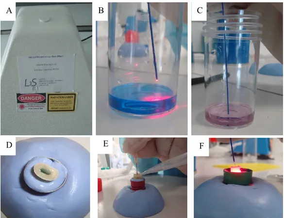 Figure 19. A: DeltaCube™ 650 nm specially designed for this experiment, (B and  C) An experiment was performed to determine the best duration for activation of the  photosensitizer by Laser; the original blue color of the photosensitizer turns in pink  aft