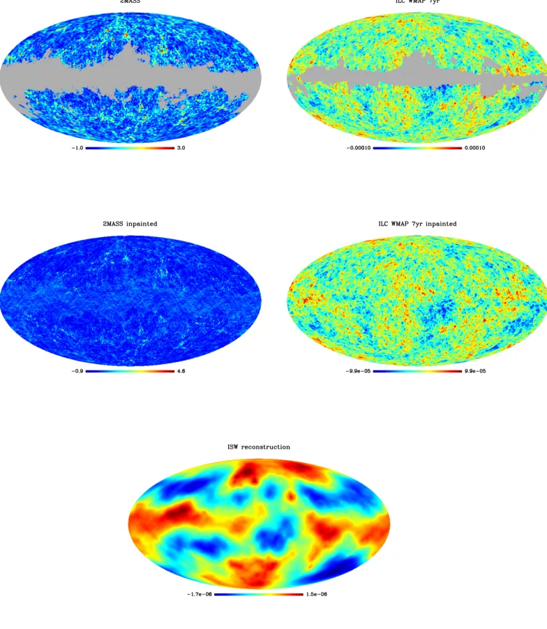 Fig. 4. Top: 2MASS map with mask (left) and WMAP 7 ILC map with mask (right). Middle: Reconstructed 2MASS (left) and WMAP 7 ILC (right) maps using our inpainting method