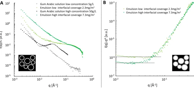 Figure 2B displays the SANS spectra of these two emulsions in plain contrast conditions, with hydrogenated hexadecane and deuterated water, using the Kratky representation I(q)q 4 as a function of q