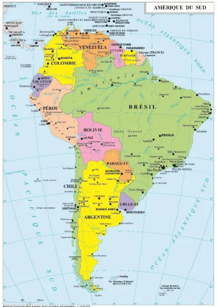 Figure I.1. Le Brésil dans l ’ Amérique du sud, carte géographique physique 7 .  La  croissance  de  sa  population  est  forte  et  constante,  elle  est  passée  de  73  millions  d ’ habitants  en  1960  à  près  de  trois  fois  plus  en  55  ans,  c ’