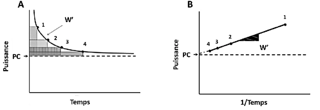 Figure 6 : (A) Représentation schématique de puissance en fonction du temps lors d’un exercice à  haute intensité ; (B)  Détermination des paramètres PC  et W’  à partir de la  relation linéaire entre  puissance  et  1/temps