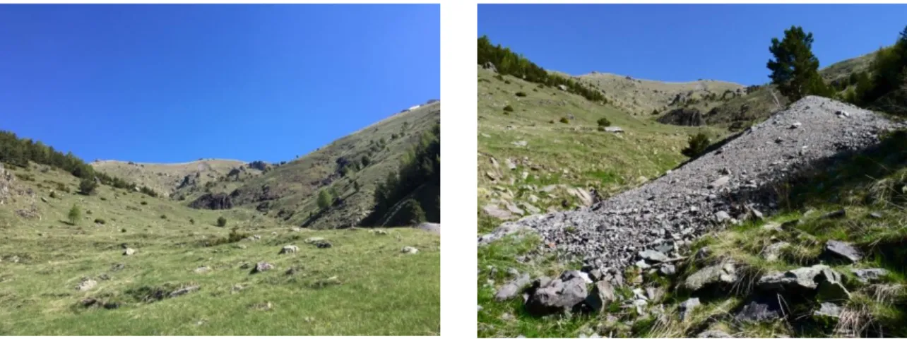Figure 2-4 : Photos du site des Granges du Colonel dans le Parc National du Mercantour  (gauche) et de la zone expérimentée de la galerie A (droite)