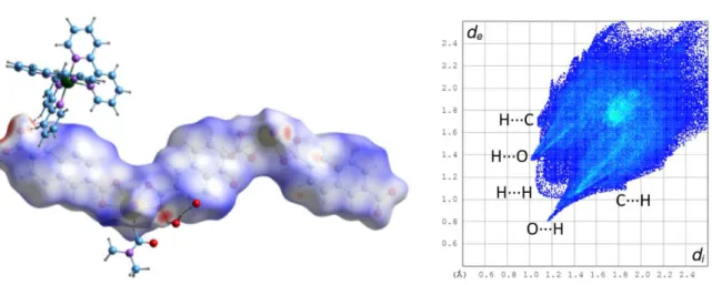 Figure 4. Left: Hirshfeld surface mapped with d norm , calculated on the anionic part of the asymmetric unit of complex 2