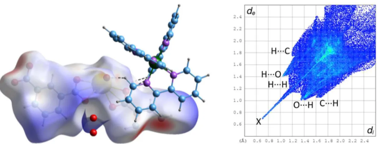 Figure 2. Left: Hirshfeld surface mapped with d norm calculated on the anionic part of the asymmetric unit of complex 1