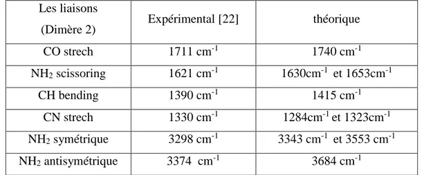 Tableau 6 : comparaison entre les fréquences obtenue par le calcule théorique et les  résultats expérimentaux pour le dimère 2 