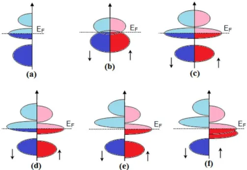 Figure I.10: Illustration schématique de la densité des états (a) d'un métal, (b)  semi-métal, (c) un métal (spin polarisé), (d) un ferromagnétique, (e) un  ferromagnétique semi-métallique, et (f) un ferrimagnétique semi-métallique [21]