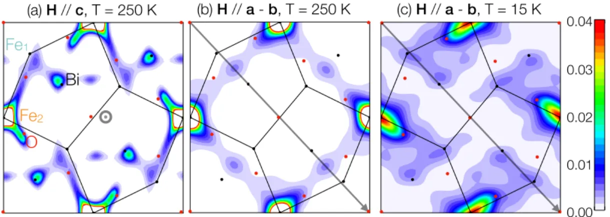 FIG. S1. Same spatial distribution density maps of Bi 2 Fe 4 O 9 as those presented in the main paper (Figure 3) but drawn with a different intensity scale for the magnetization in order to emphasize the weak features