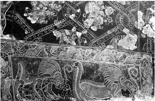 Figure 13. Atetelco, Patio Blanco,  Pórtico 2, East wall. Procession of  netted jaguars and coyotes framed  by a coyote whose body is made of  two interlacing bands (in Cabrera  Castro 1995a: fig