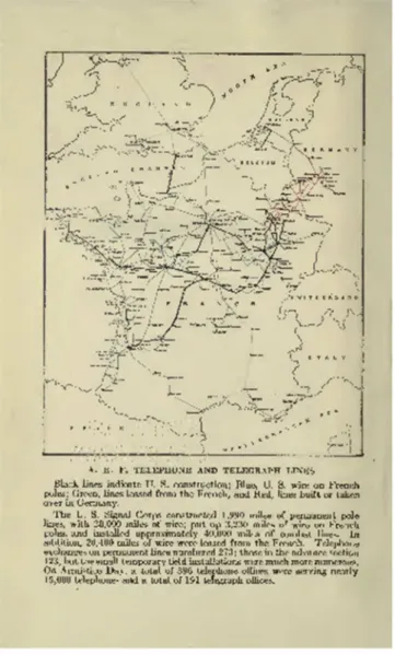 Figure 2. The principal lines of the wartime telephone and telegraph network operated by the US  Signal Corps in France are illustrated by this map, which A