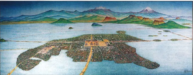 Figura 10. Tenochtitlan (pintura de Luis Covarrubias), la ciudad en medio de la cuenca lacustre, con el “cerro  sagrado” del Templo Mayor (templos dobles sobre la misma pirámide), y los volcanes en el horizonte con sus 