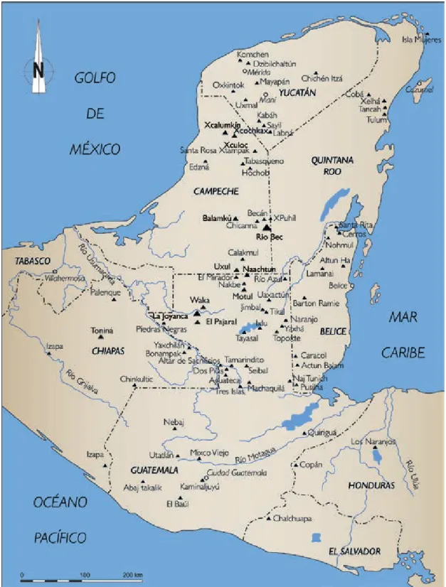 Figura 2. Mapa del  área maya con los  sitios mencionados  en el texto.