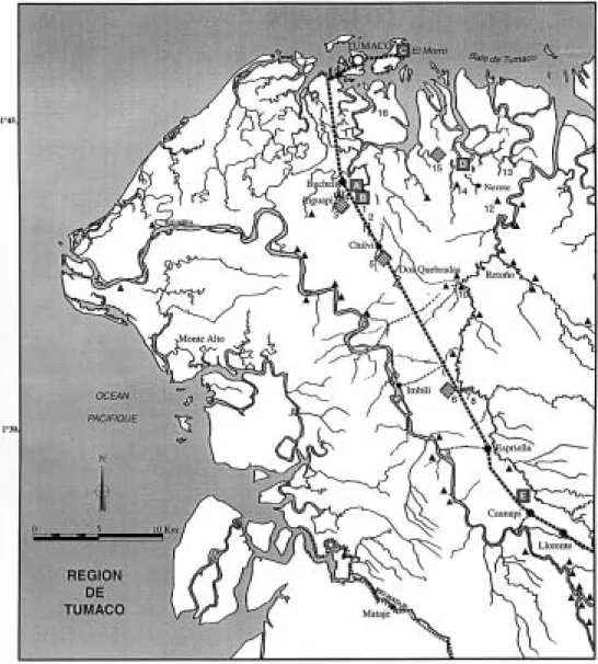 Figura 3. Mapa del litoral pacífico nor-ecuatorial; los triángulos indican los placeres actuales y los rombos los campos de cultivo con camellones prehispánicos