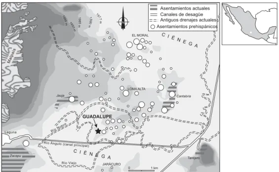Figura 1 - Ubicación del sitio de Potrero de Guadalupe en el sector de las Lomas de Zacapu, Michoacán (elaborado  a partir de Arnauld et al