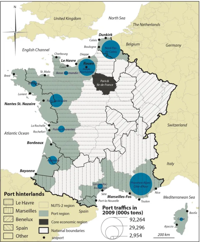 Figure 1: Port regions, hinterlands, and traffics in France  (Source: own realization based on Eurostat and Guerrero, 2014) 