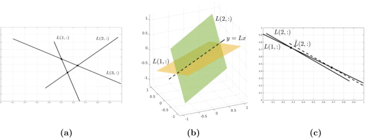 Figure 3.1: (a) L is a 3 × 2 matrix. 3 hyper-planes, in general, do not intersect at a point in a two dimensional space, so the inverse problem does not have a solution