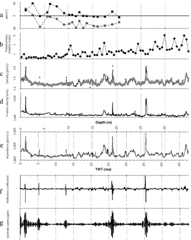 Figure 1. For core MD99-2246: Comparison of physical property logs (Figures 1c, 1d, and 1e) with AMS (Figure 1a) and penetrometry (Figure 1b) data, reflection coefficients (Figure 1f), and synthetic seismograms (Figure 1g)