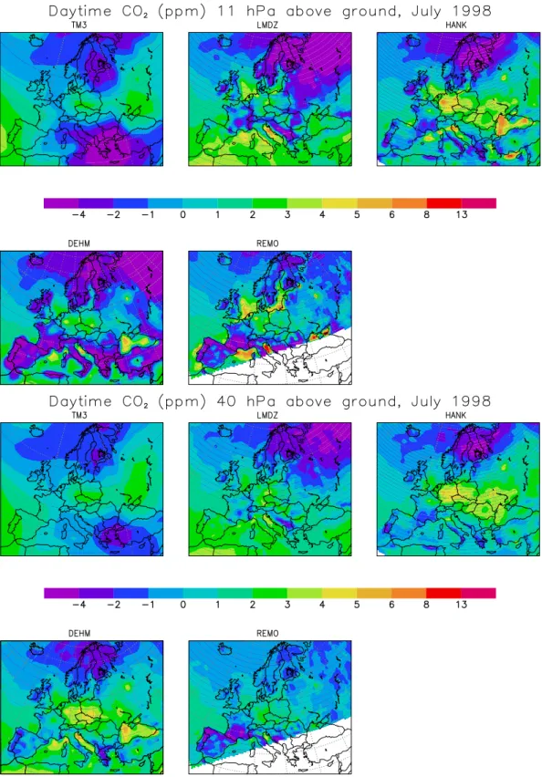 Fig. 3. Simulated mean monthly CO 2 concentrations for July based on the daytime (10:00–17:00 LST) values only at two different levels above ground