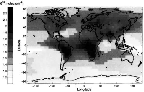Figure 10.  (top) CO total columns  as provided  by the IMAGES model  for July and (bottom)  geographic  distribution  of the climatological  profiles