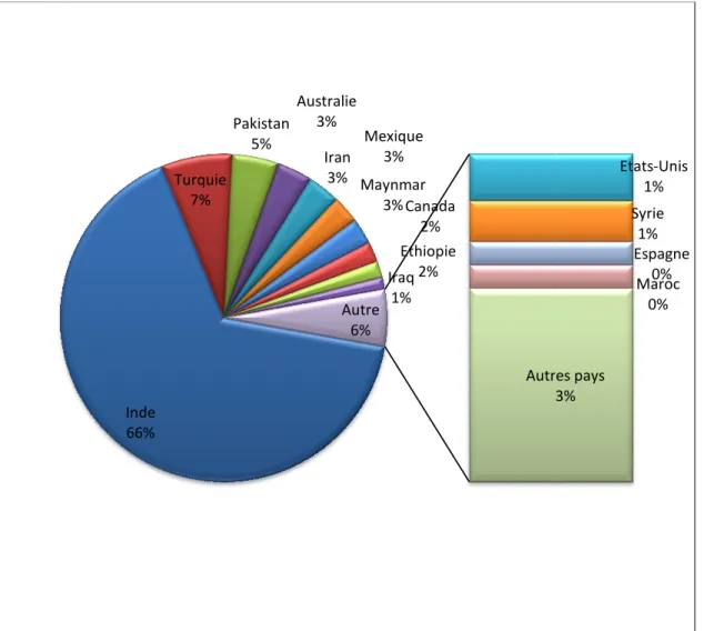 Figure  02 :  Répartition  de  production  mondiale  du  pois  chiche  en  pourcentages  (Annexe  01) (Skrypetz, 2006)