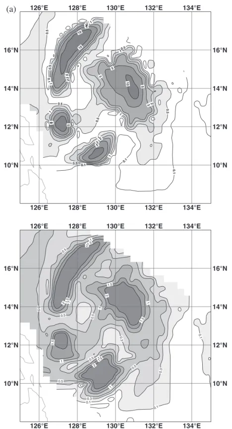 Figure 7. Surface rain rates in mm/h (left) and cloud liquid water paths (right) in kg m 2 from (a) the first-guess and (b) the analysis of the control experiment.