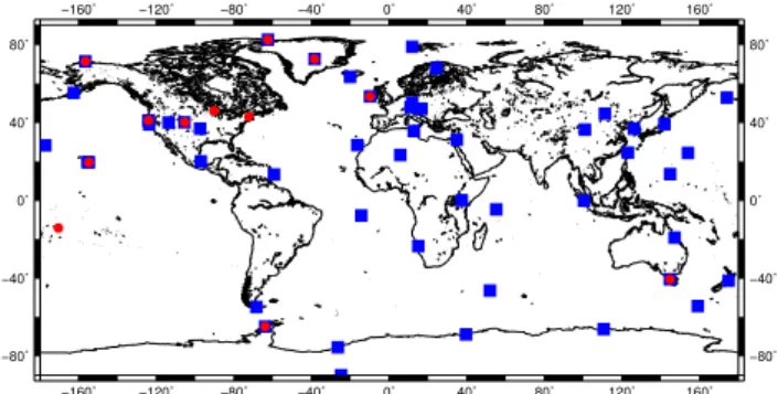 Fig. 1. Surface sites from the NOAA, ENEA, CSIRO, JMA and NIWA networks used in this study with red circles for surface sites observing MCF dry air mole fractions and blue squares for surface sites observing CH 4 dry air mole fractions.