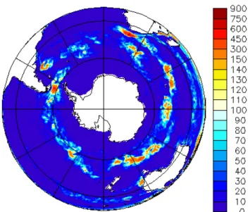 Fig. 1. Surface-ocean eddy kinetic energy in the southern extrat- extrat-ropics (in cm 2 s −2 ) of the eddying simulation.