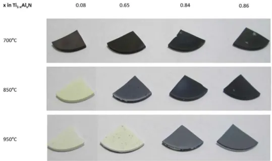 Fig. 9. Optical images of the Ti 1−x Al x N coatings deposited on Al 2 O 3  substrates after oxidation during 1 h in  air between 700 °C and 950 °C