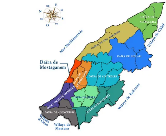 Figure 20. Carte de la wilaya de Mostaganem (http://www.wilaya-mostaganem.dz/fr)  Le littoral est limité à l'est par le cap &#34;NAGRAWA&#34; et la Macta à l'ouest