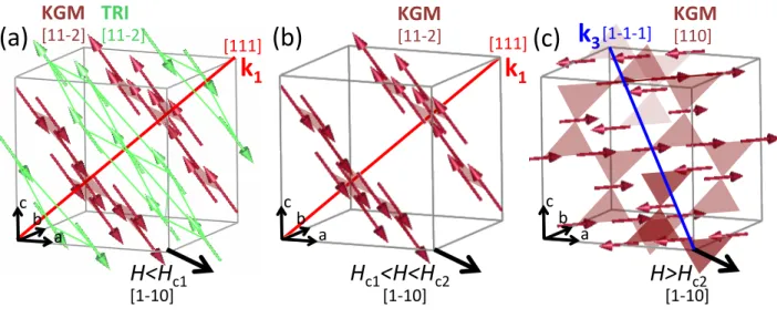 FIG. 1: AFM ordered components of the KGM (red) and TRI (green) moments determined from low temperature single- single-crystal neutron diffraction refinements in zero-field and under a magnetic field applied along the [1-10] direction (black arrow):