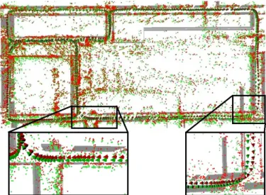 Fig. 4. Database creation on the office building sequence. In gray the building model, in green (resp