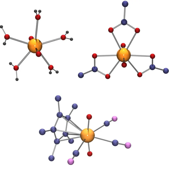 Figure 5  Representations  of  pentagonal-bipyramidal  uranium(VI)  as  found [27]   in  [UO 2 (OH 2 ) 5 ] 2+  and hexagonal-bipyramidal uranium(VI) as found [26]  in [UO 2 (O 2 CCH 3 ) 3 ] (top  row)
