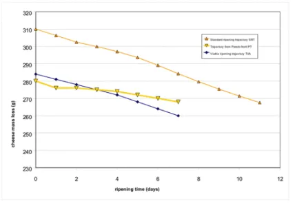 Figure 4. Comparison of cheese mass loss between PT trajectory (computed values), and TVA and SRT ones  (measured values from real experiments in a ripening chamber)