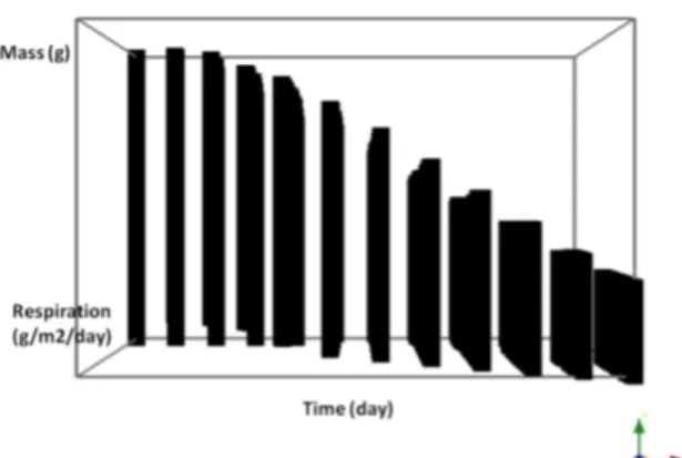 Figure 1: The viability graph calculated for 12 days of ripening. The time, respiration rate and cheese weigth  vi-able value for each days are represented.