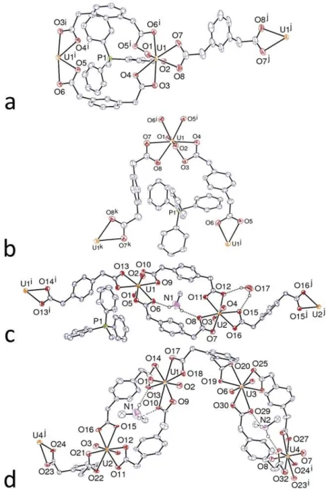 Figure 8. Views of compounds 13 (a), 14 (b), 15 (c), and 16 (d) with phosphonium cation in 16 and carbon-bound  hydrogen atoms omitted