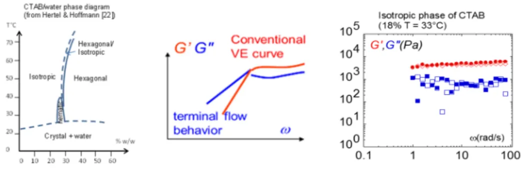 Figure 12. Using total wetting conditions, the liquid phase (dilution 18%) of salt-free CTAB-water  (Cetyl TrimethylAmmonium Bromide solution) measured at 33 °C (isotropic phase) and the  0.300-mm gap thickness exhibit solid-like behavior with G’ independe