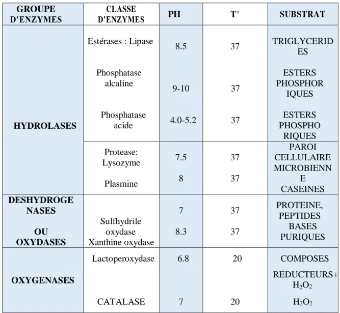 Tableau 6 : Caractéristiques des principaux enzymes du lait (Vignola, 2002). 
