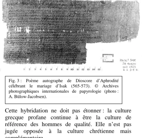 Fig. 3 : Poème autographe de Dioscore d’Aphrodité  célébrant le mariage d’Isak (565-573)