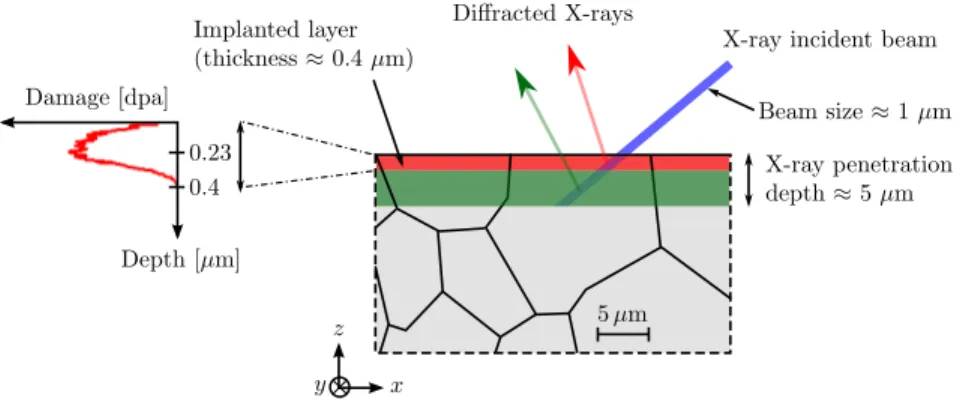 Fig. 1. Schematic representation of a polycrystalline sample implanted in a thin surface layer, marked out in red