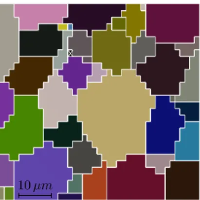 Fig. 7. Grain orientation mapping of the strain-free substrate, calculated on the main spots for a UO 2 polycrystal implanted with 60 keV Helium ions at 10 16 ions/cm 2 